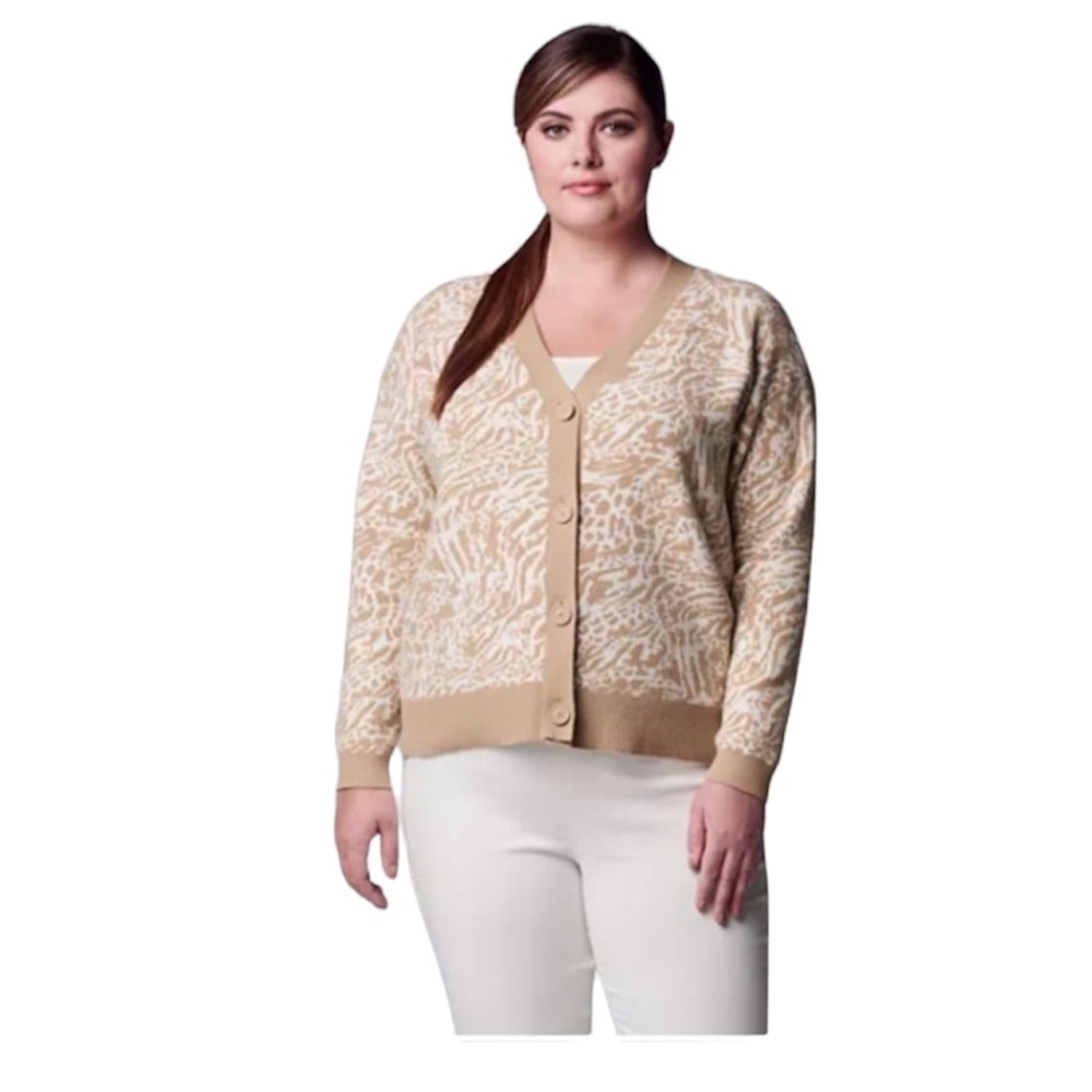 Simply Vera Wang Tan Animal Print Knit Cardigan Button Sweater Plus Sz XXL New